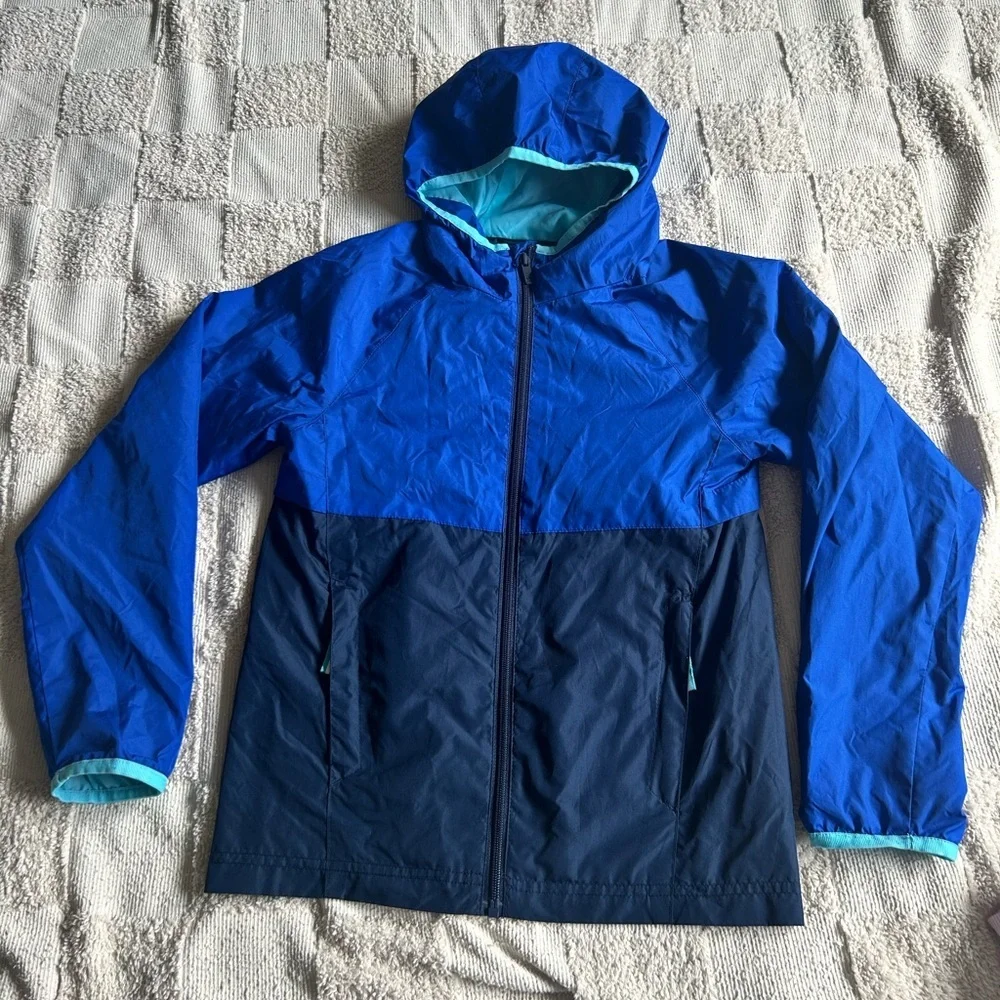 All In Motion Kids Blue Hooded Windbreaker Rain Jacket Size M 8/10